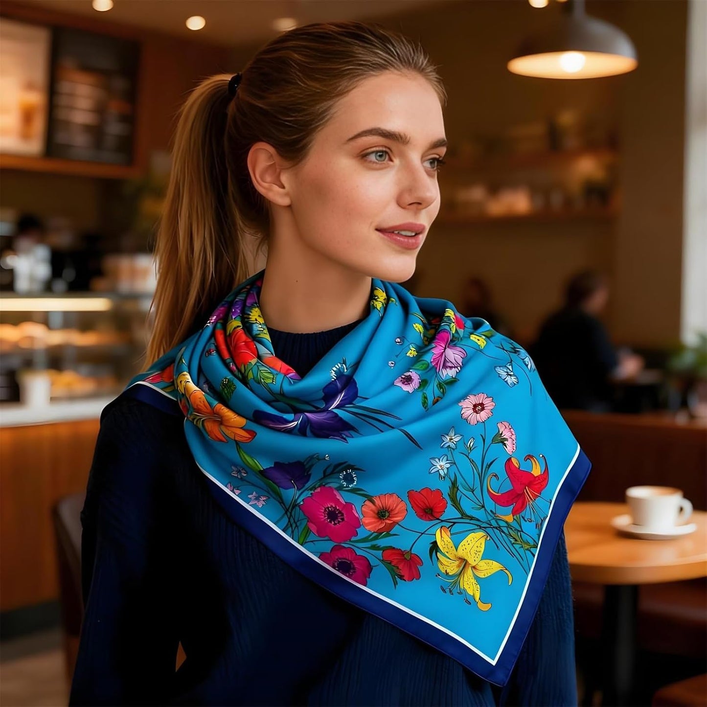 Premium Floral Scarf for Women 35x35 Square Silk Feel-Lightweight Scarves Headscarf Bandanas Wrapping Handbag