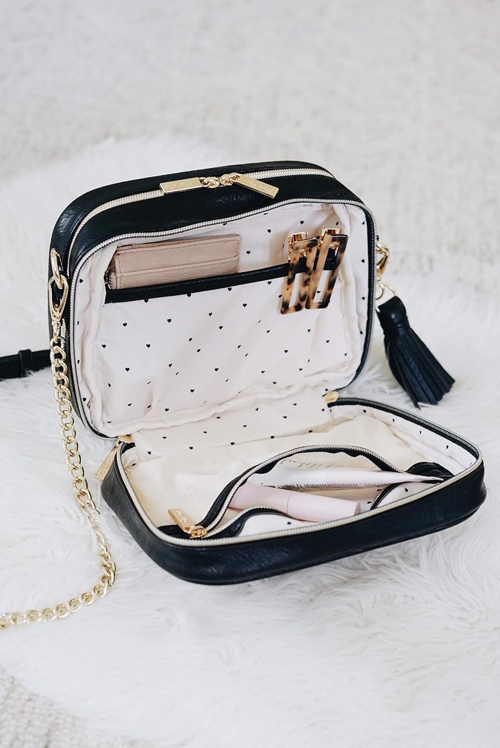 Chelsea + Cole for Itzy Ritzy Crossbody Diaper Bag - Includes 6 Pockets, Changing Pad & Tassel – Black with Sweetheart Print