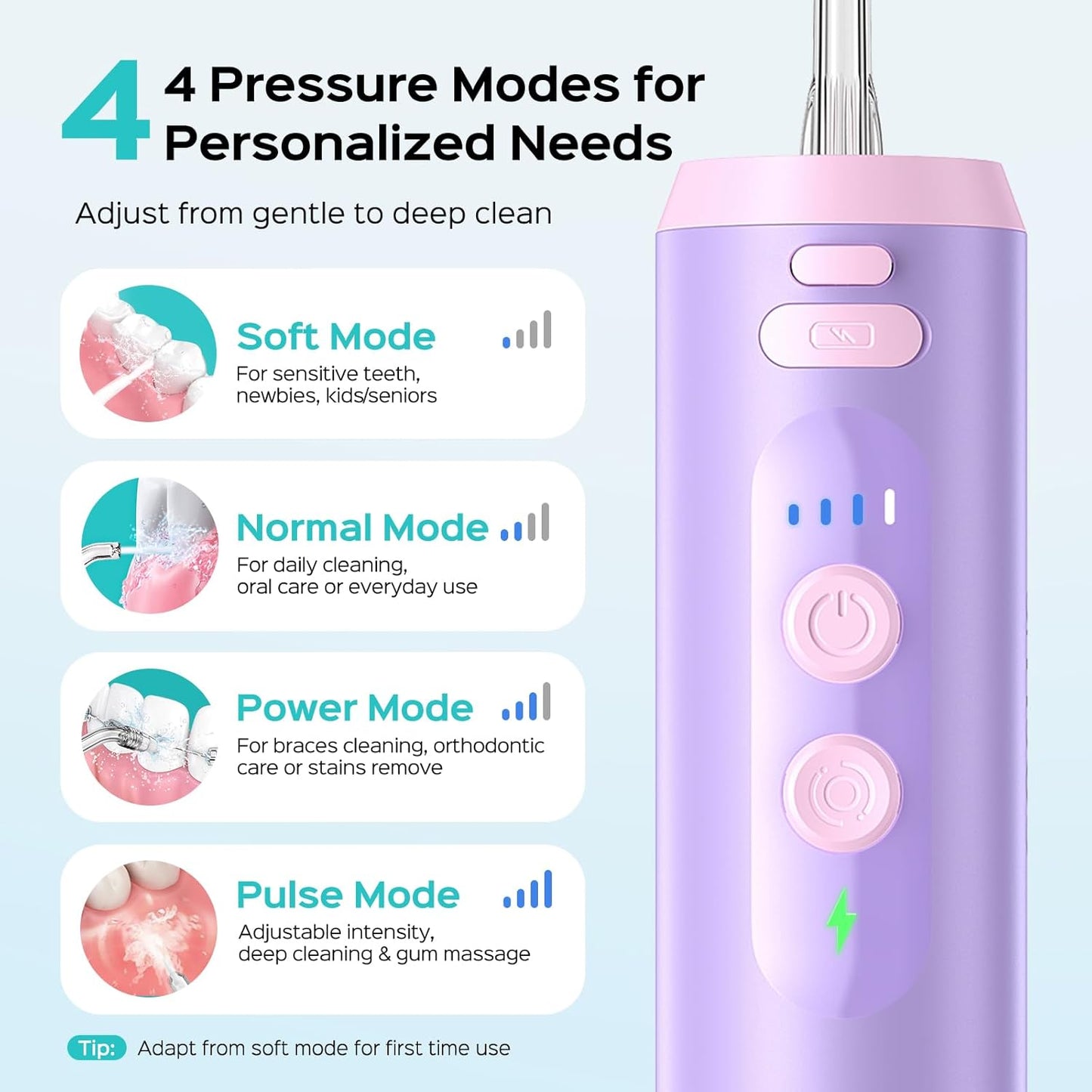 COSLUS T40 Mini Water Flosser for Travel: Portable Compact Design, Cordless Oral Irrigator with 4 Jet Tips, Removable Tank & IPX7 Waterproof for Braces, Sensitive Teeth & On-The-Go Use, Pink Purple