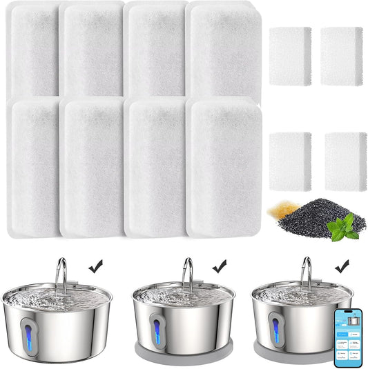 Cat Water Fountain Filters, 8 Pack Replacement Filters & 4 Pack Replacement Sponges Set for 4L/135oz Automatic Stainless Steel Pet Fountain Ultra Quiet Dog Water Dispenser