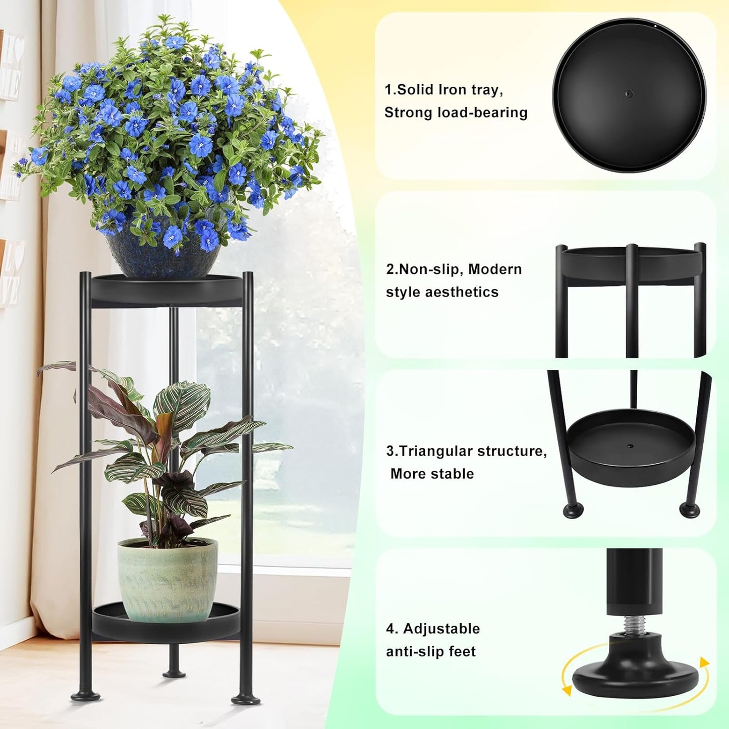 Plant Stand Indoor Outdoor, 2 Tier Iron Plant Stand, 30'' Tall Pedestal Stand Outdoor, Metal Flower Stands for Indoor Plants, Balcony, Living Room