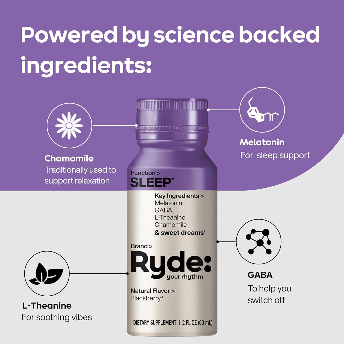 Ryde: SLEEP | 2oz Sleep Shot for Occasional Use | Melatonin, GABA, L-Theanine & Chamomile | Blackberry Natural Flavor | Sugar-Free, Zero Calories, Vegan | Manufactured in USA (8 Pack)