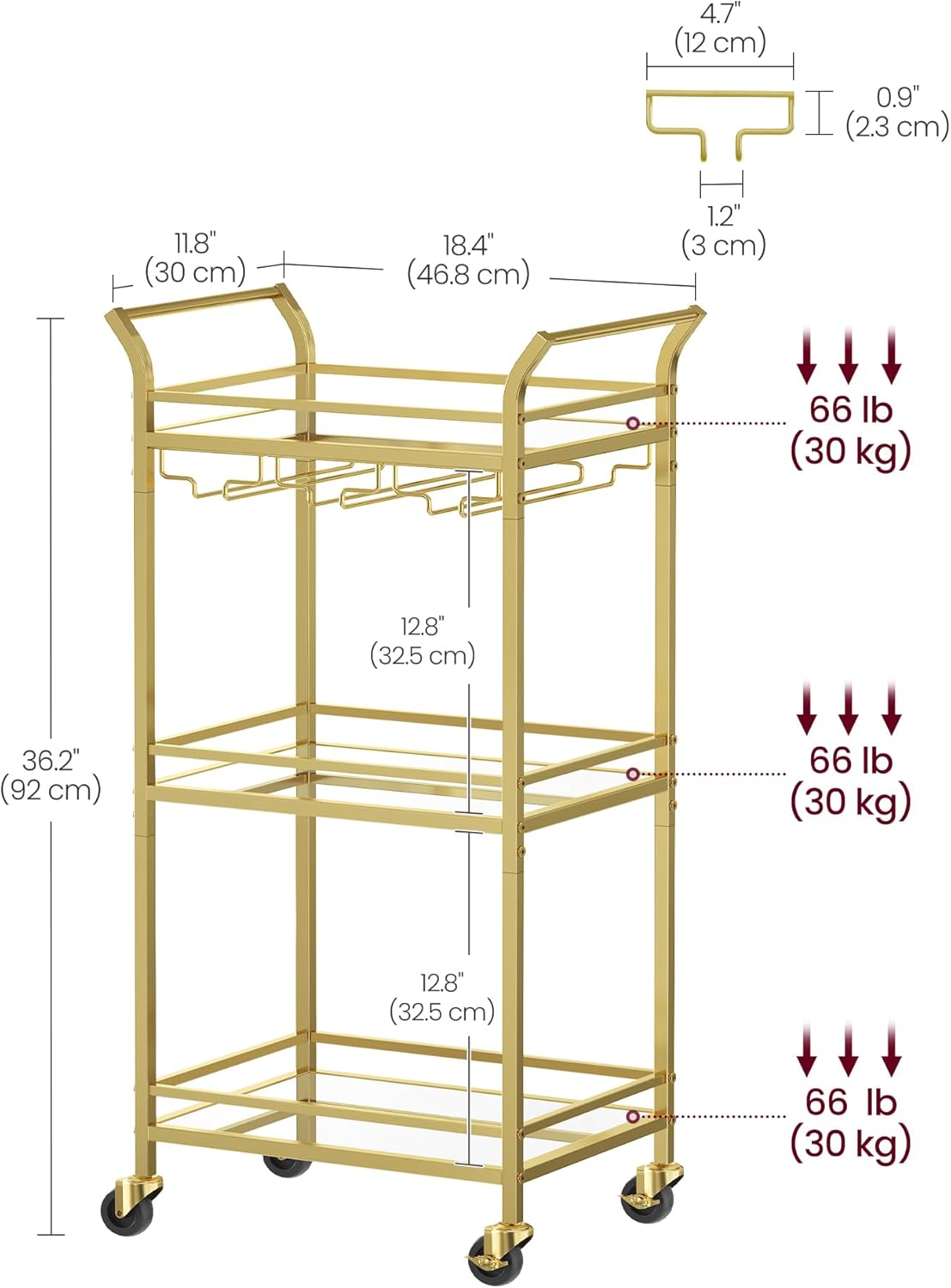 VASAGLE Bar Cart, Home Bar Serving Cart, Small Bar Serving Cart with 3-Tier Shelf, Wine Holders, Glass Holders, Mini Bar Cart for Small Spaces, Kitchen, Dining Room, Living Room, Pale Gold