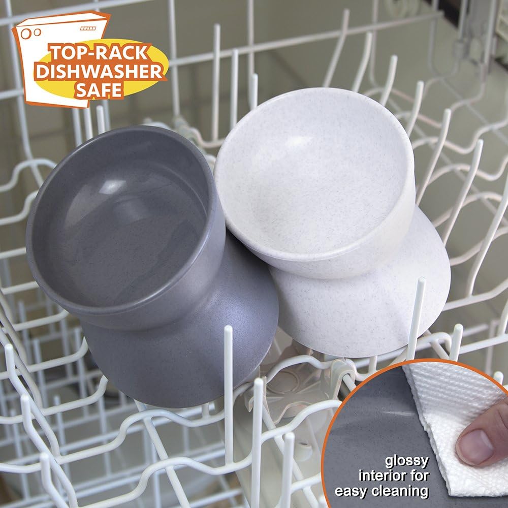 Kitty City Elevated Cat Bowls (Set of 2), Whisker-Friendly Raised Cat Food & Water Dishes, Modern Pedestal Design, Dishwasher Safe, 6.5 oz Each – White & Gray