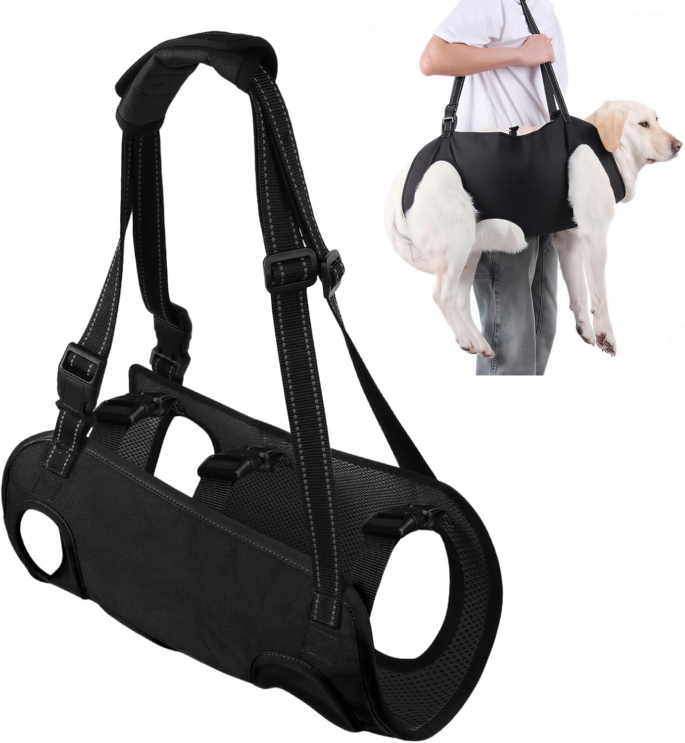 Dog Carry Sling Emergency Backpack, Adjustable Dog Lift Harness with Leg Support for Senior & Injured Dogs, Arthritis Rehabilitation Pet Carrier for Hiking, Travel & Rescue – Black (Black, X-Large)