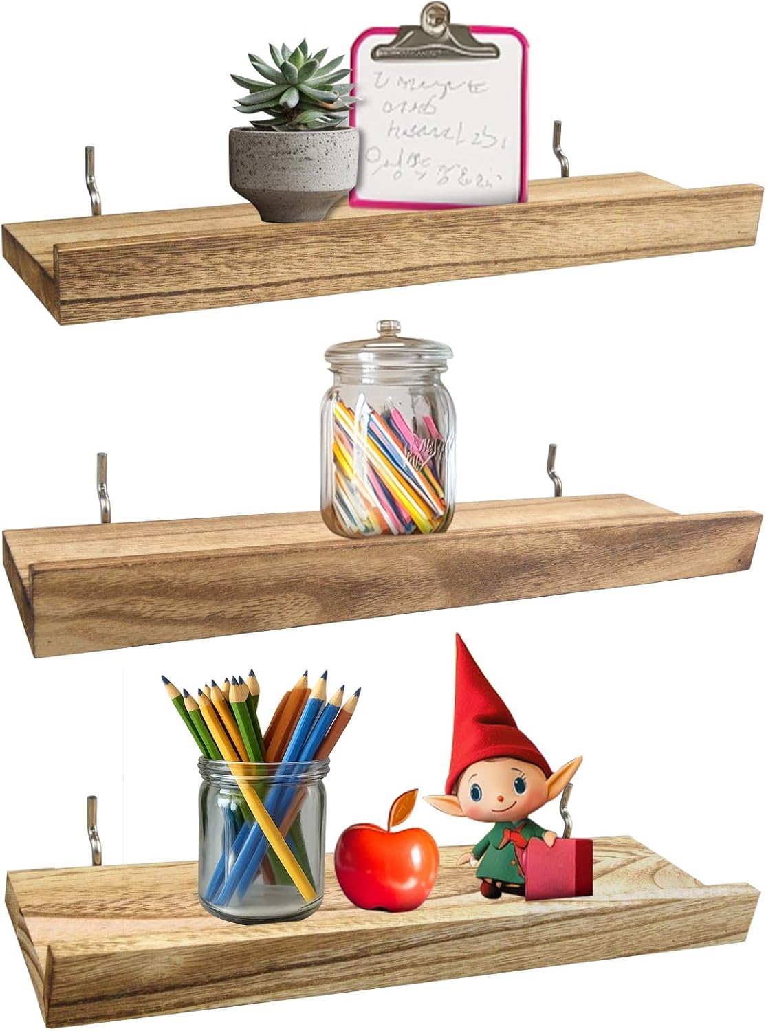 Wood Pegboard Shelves with Lip, 14" x 4" Peg Board Racks 3Pack Wall Organizer Shelf, 1/4 inch Heavy Duty Metal Brackets Fit All Pegboards, Display Craft Garage Workbench Office Shelving Accessories