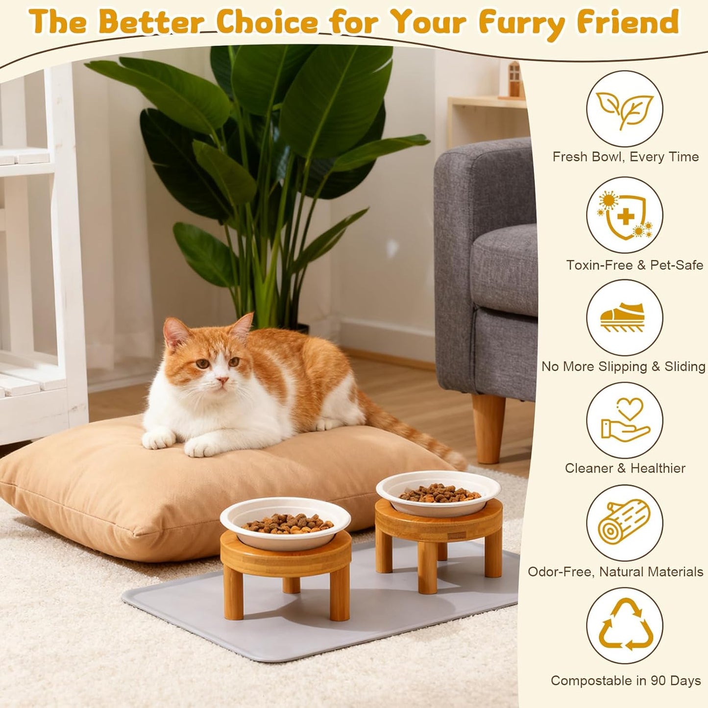 LemonRoad 53 Pcs 1.5 Cup Compostable Elevated Pet Feeding Bowls with Food Mat and Reusable Elevated Wood Stand for Wet and Dry Food Travel Outdoor Pet Care