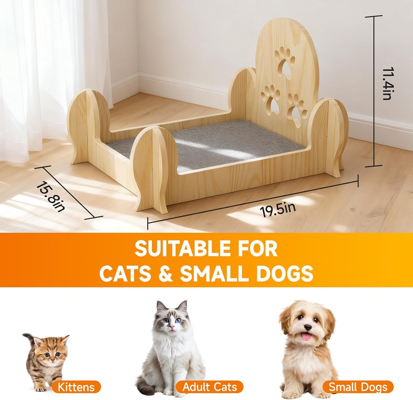 Solid Wooden Cactus Cat Bed with Paw Print Carvings, Space-Saving for Small Apartments, Studios & Rental Homes, Cute Decorative Cat Furniture for Indoor Cats & Kittens