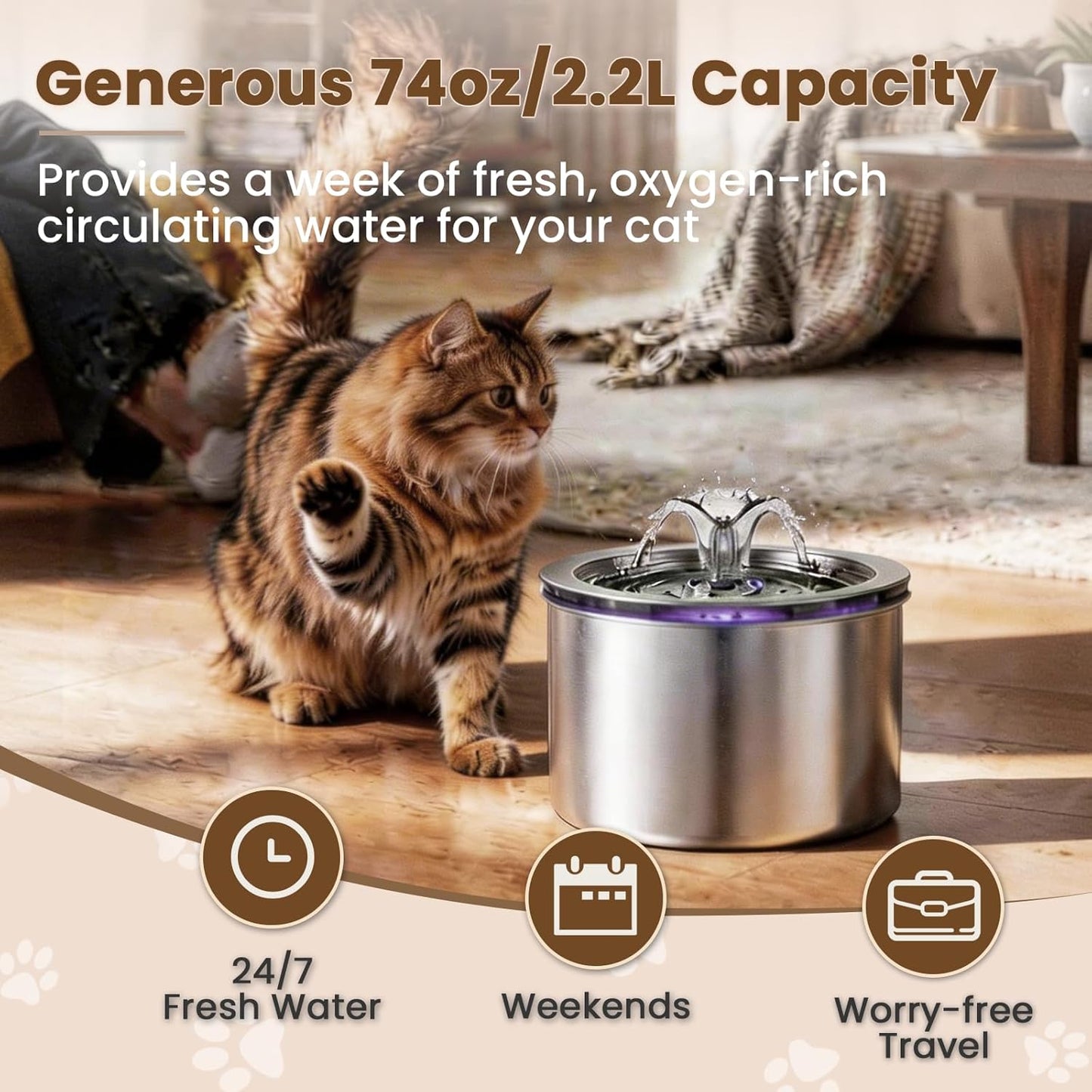 Cat Water Fountain Stainless Steel, 74oz/2.2L Automatic Pet Fountain with USB Pump & Replacement Filters, Ultra Quiet Indoor Water Dispenser for Cats, LED Monitoring Water Level