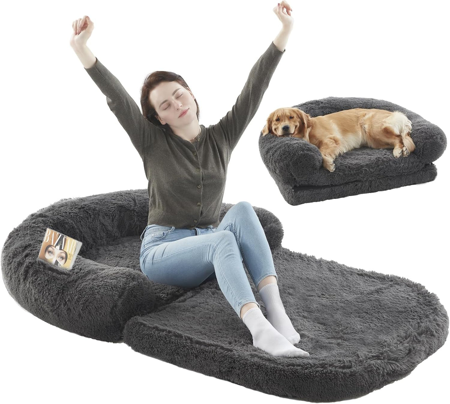 Human Dog Bed - 자이언트 접이식 정형외과 플러시 조절 가능한 소파 베드, 182.9cm x 109.2cm x 25.4cm(72x43x10인치) 다크 그레이 플러시