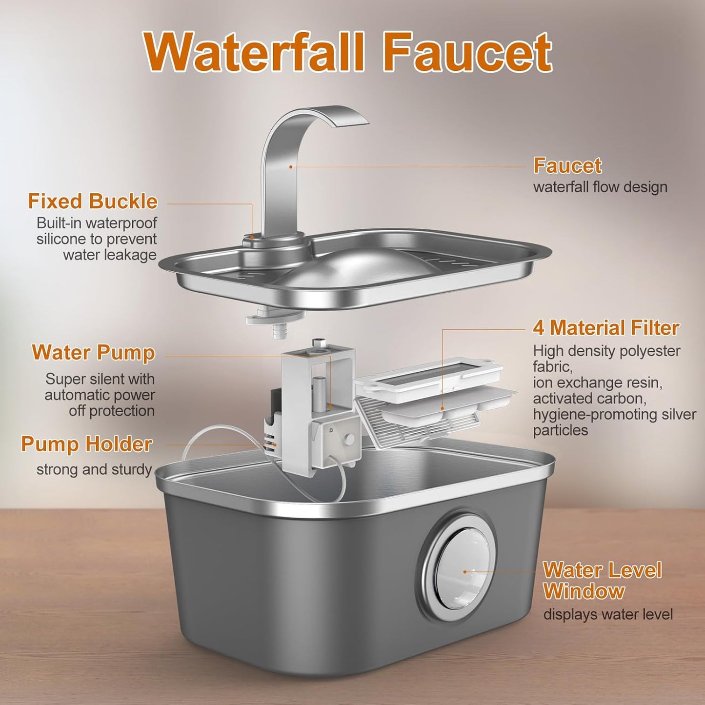Bobo&Dragon Automatic Stainless Steel Water Fountain for Cat & Dog in Nebula Gray 124oz/3.5L Quiet Faucet Flow Water Dispenser, Fresh Filtered Hydration, Easy Clean, Leak-Proof for Indoor Pets