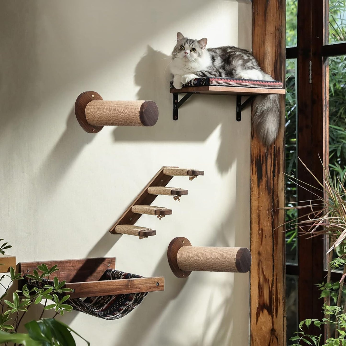 FUKUMARU Cat Wall Furniture, 11.8 Inch Cats Shelves for Drywall, Walnut Wood Kitten Stairs for Wall Mounted with Jute Scratching Kittens Steps, 2 of Pack