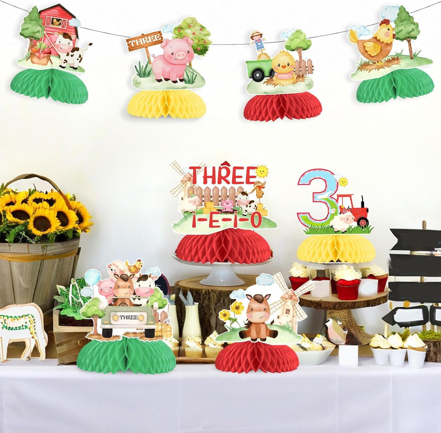 Farm Animal 3rd Birthday Decorations, 8PCS Three i e i o Farm Animal Table Decorations Honeycomb Centerpieces Farm Theme Table Toppers for Boys Girls 3rd Barnyard Birthday Party Supplies