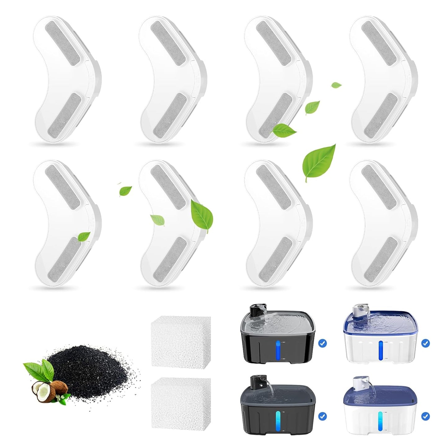 Dog Water Fountain Filters 8 Packs Filters & 2 Pack Sponge Foam Filters for 2.1GAL/8L/270oz Large Dog Water Fountain