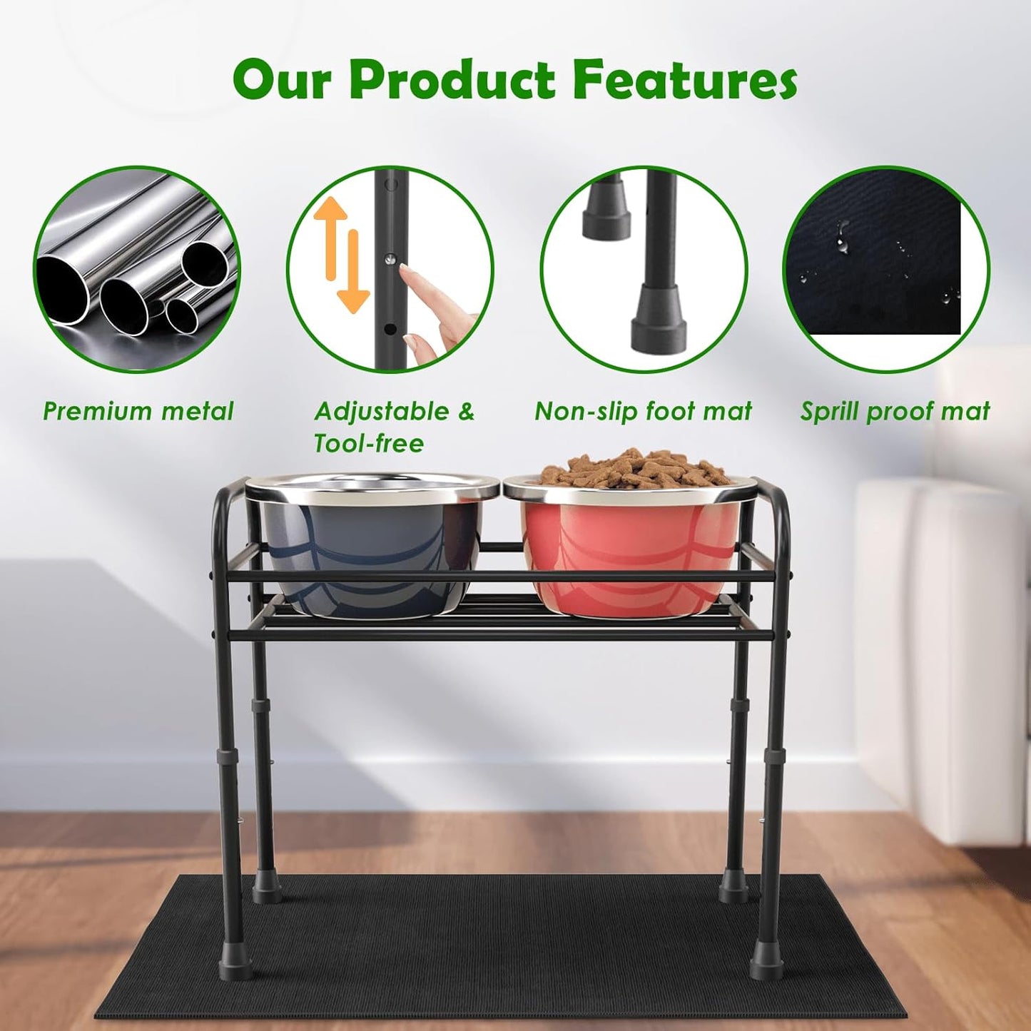 Extra Large & Tall Metal Raised Dog Bowl Stand for Extra Large Dogs, Table Steel Frame Dog Bowls Stand with Mat,Non-Slip,Adjust to 4 Heights 15"-22", Holds 4"-10.5" Diameter Bowl (Not Included)