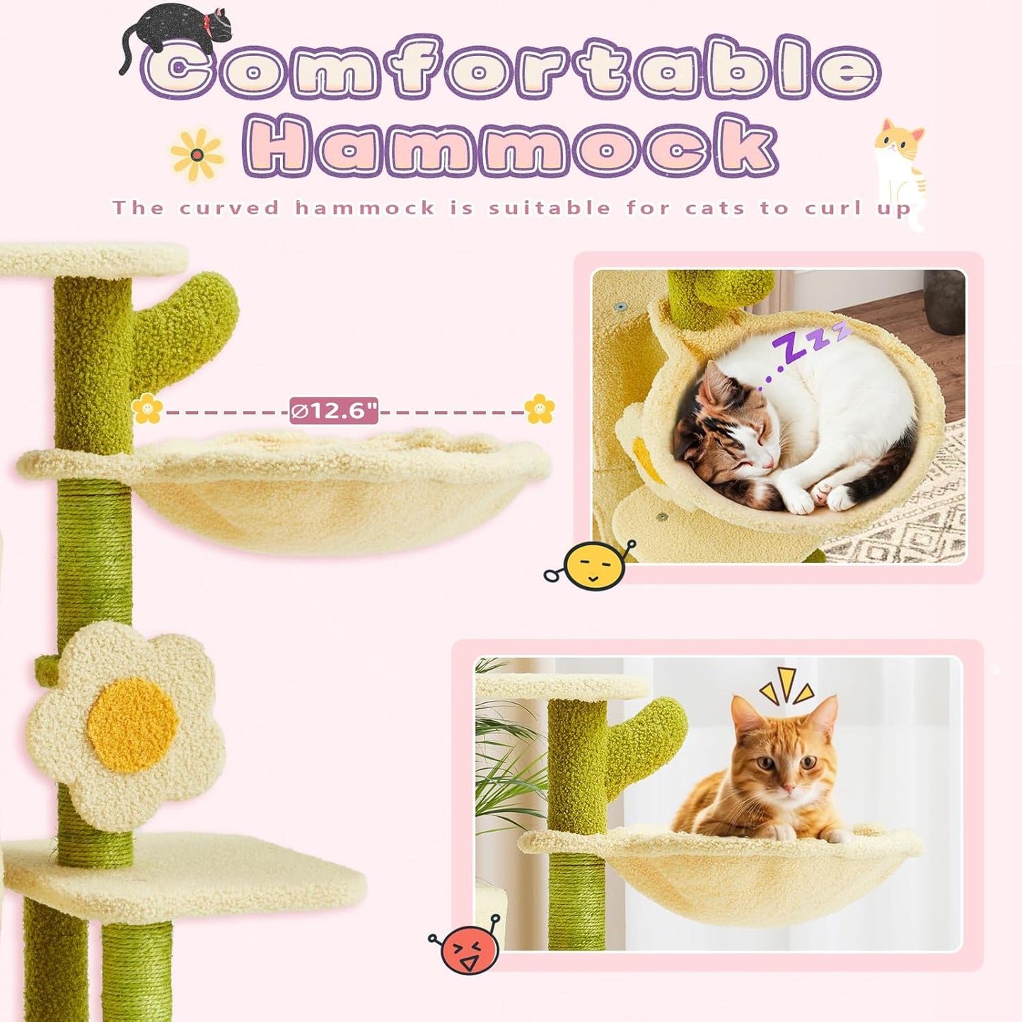 Erinnyees Flower Cat Tree, 38.2 Inches Cat Tower, Multi-Level Indoor Kitty Tree Tower, Kitty House with Cozy Top Flower Platform, Spacious Condos, Soft Hammock, Sisal Scratching Post
