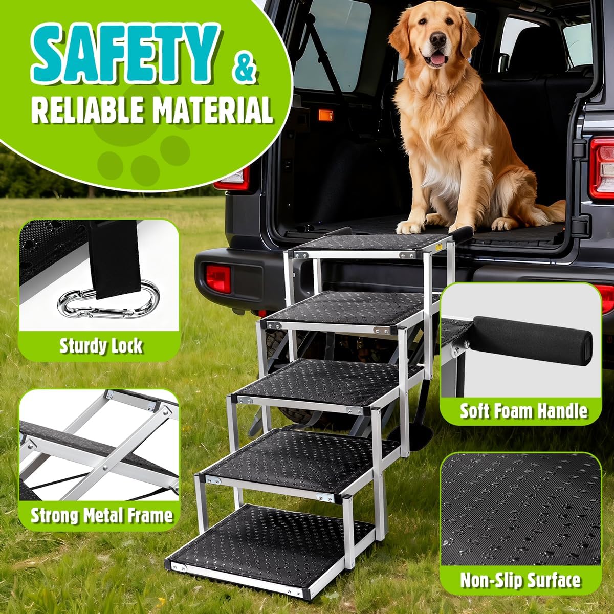Dog Car Ramp for Large Dogs SUV, 5 Step Folding Dog Stairs with Non- Slip Surface & Reinforced Design, Foldable Pet Stairs Support Up to 200lbs- Suitable for SUV, Truck, Sofas, Bed