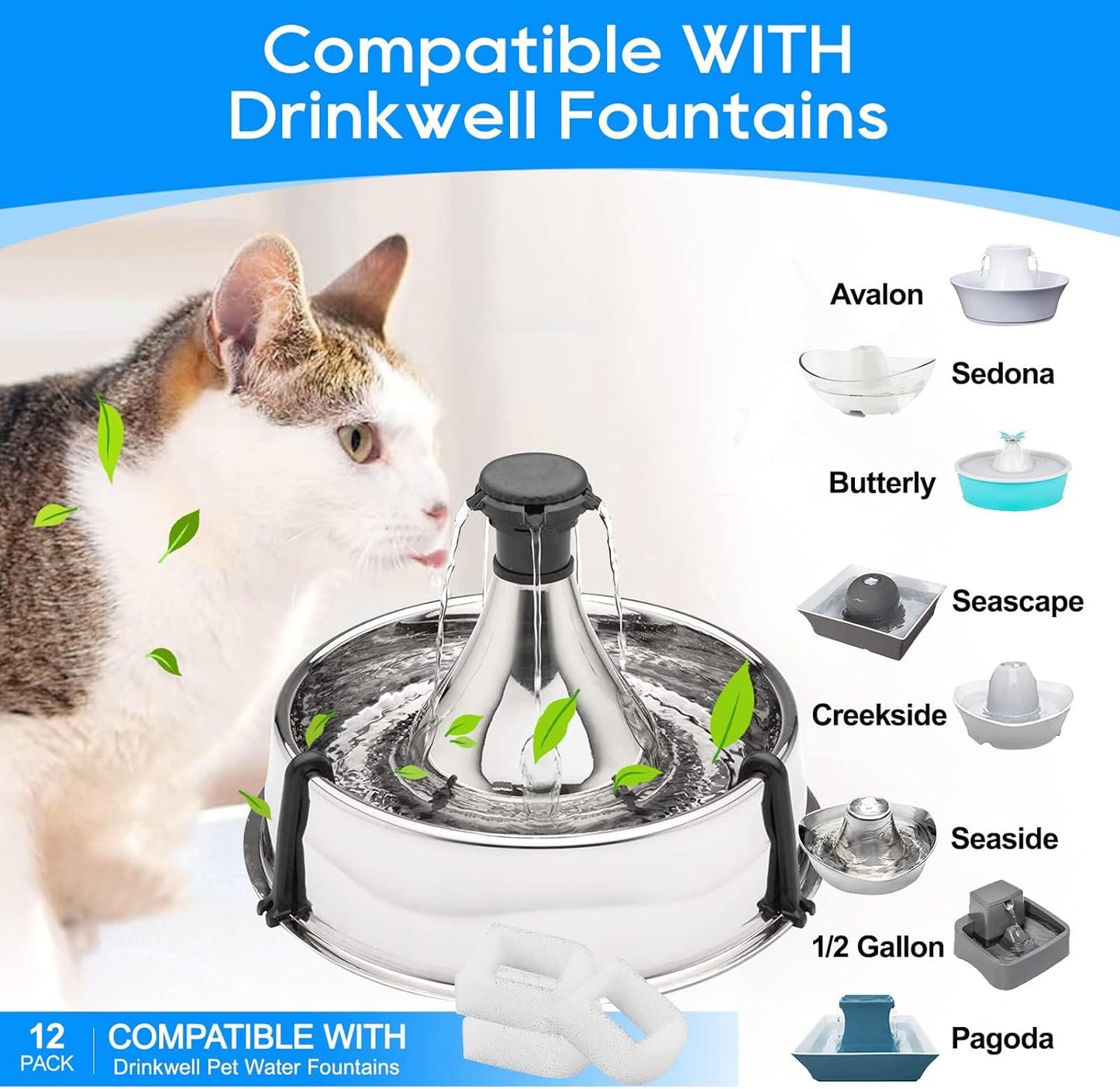 Cat Water Fountain Filter Replacement, Pet Fountain Replacement Foam Filters Compatible with Petsafe Drinkwell Pet Fountain Filters for Drinkwell Stainless Steel 360 Water Fountain 12PCS