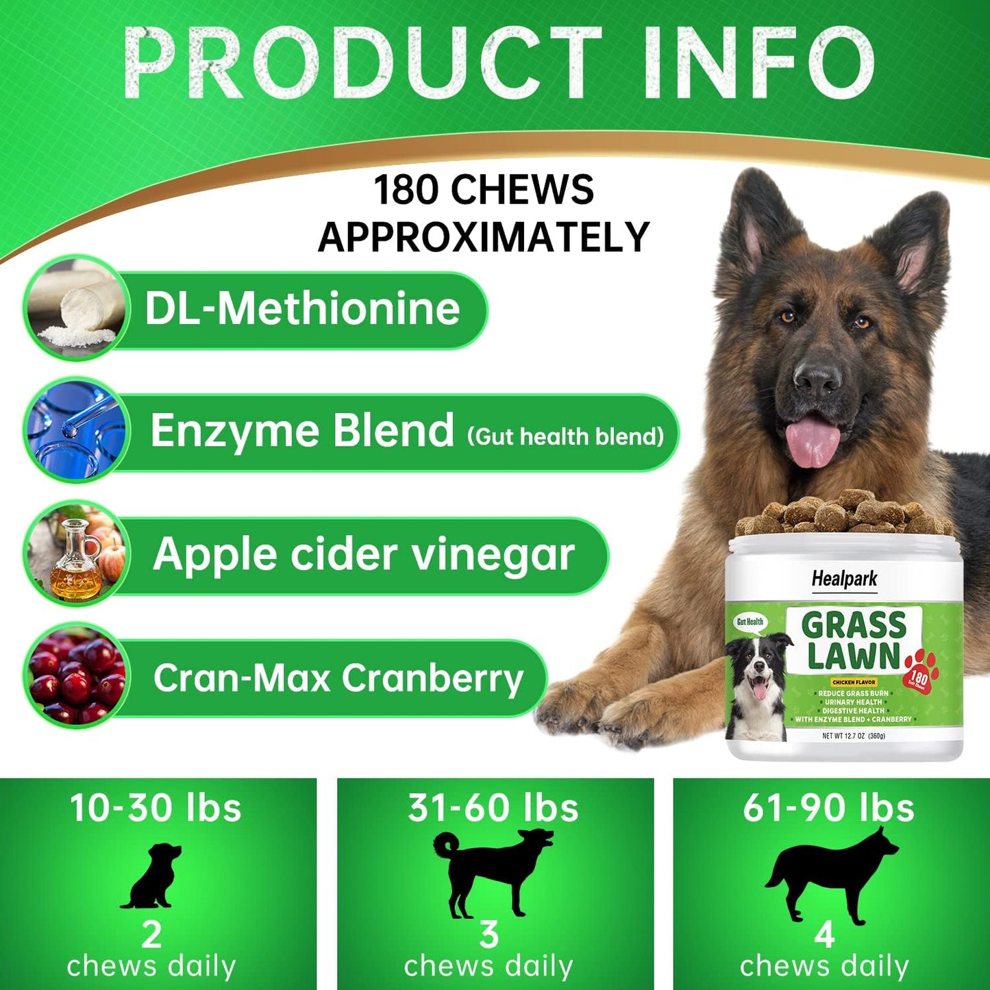 Grass Burn Spot Chews for Dogs - Dog Pee Lawn Spot Saver Caused by Dog Urine - Grass Treatment Rocks - DL-Methionine + Cranberry + Digestive Enzymes - Dog Urine Neutralizer for Lawn - 180 Soft Treats
