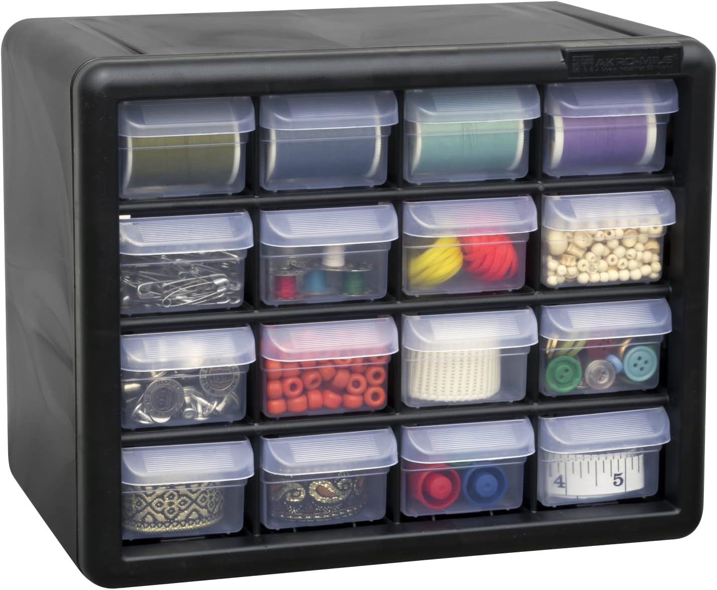 Akro-Mils 16-Drawer Plastic Drawer Storage Cabinet for Garage Organization, Beads, Makeup Organizer, Building Bricks Storage, Teacher Toolbox, 10-1/2" W x 6-1/2" D x 8-1/2" H, 10116 Black