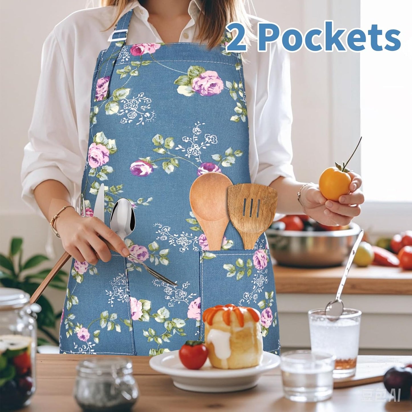 Apron for Women with Pockets, 3 Pcs Floral Print Canvas Apron with Adjustable Neck Strap for Cooking, Baking, Gardening, Crafts