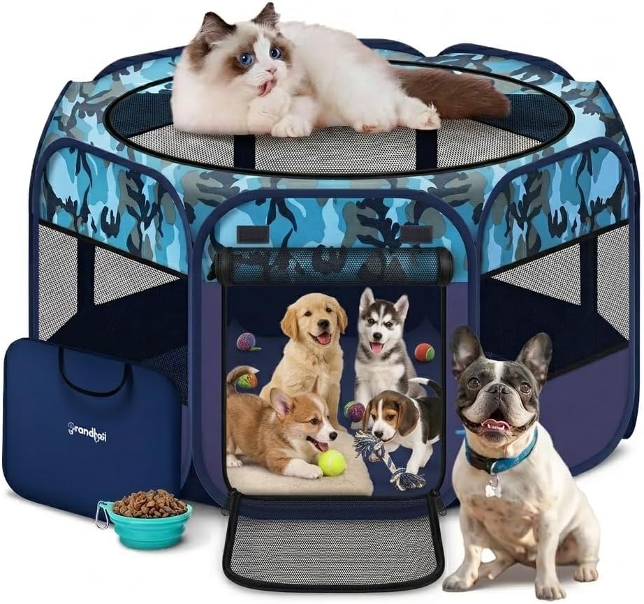 Dog Playpen, Pet Playpen, Portable Cat Playpen, Pop Up Foldable Puppy Playpen Exercise Kennel Tent with Carry Case Collapsible Bowl,Water-Resistant Shade Cover for Outdoor Indoor Travel