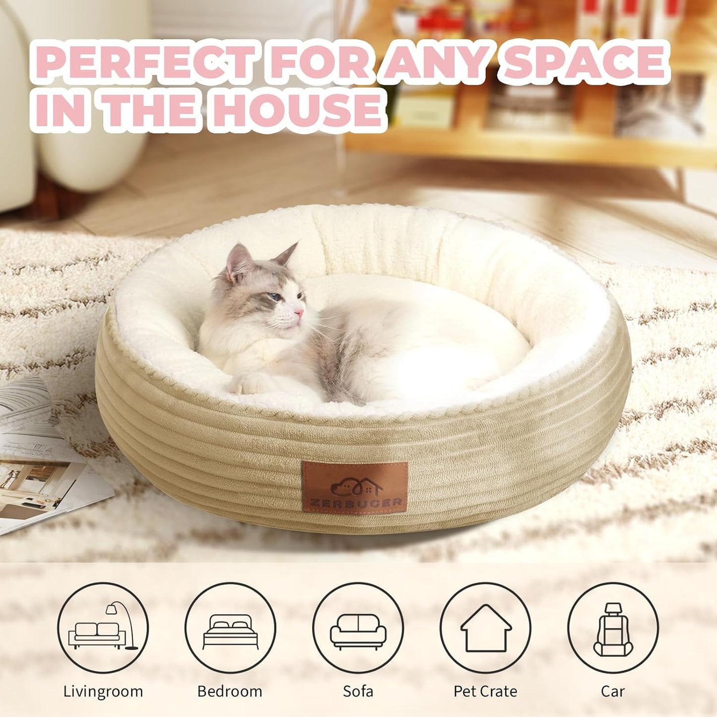 20in Camel Round Cat Dog Bed Gift for Large Medium Small Dogs Cats, Machine Washable Sleeping Sofa, Non-Slip Bottom Breathable Soft Calming Pet Cuddler for Indoor/Outdoor/Car/Cage