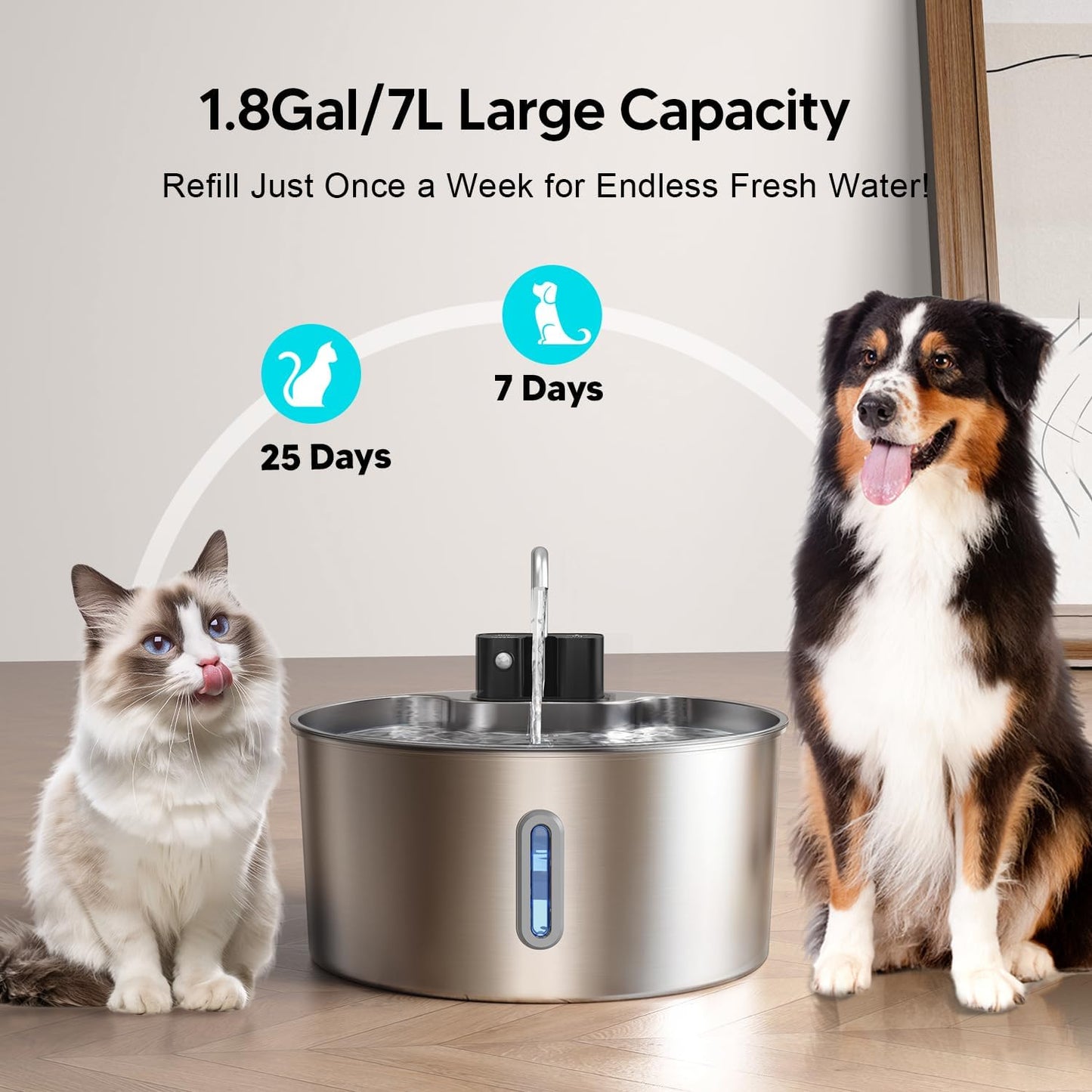 Voluas Dog Water Fountain: 1.8Gal/7L Wireless Stainless Steel Dog Fountain Bowl for Small to Large Dogs, Battery Operated Pet Water Dispenser Indoor with Ultra-Quiet Pump, Easy Clean, 6 Filter
