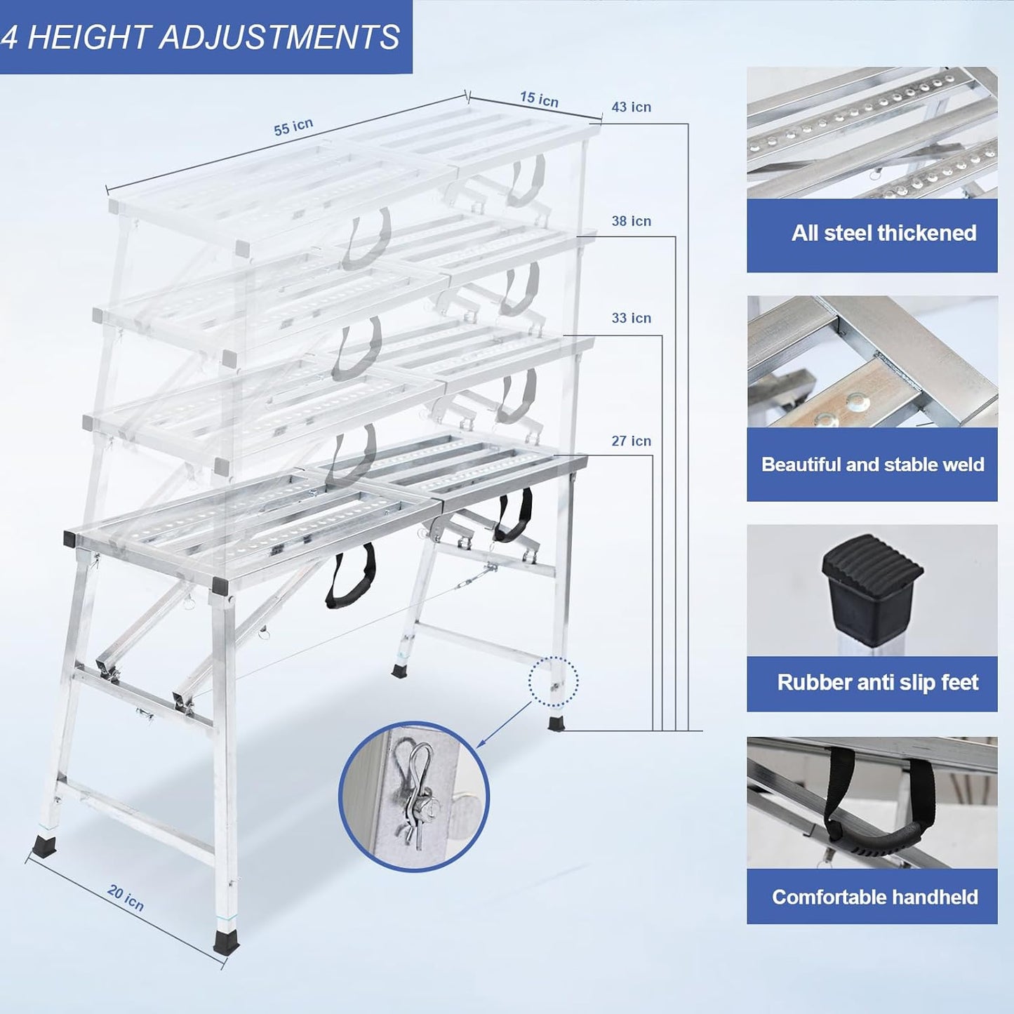 Adjustable Scaffolding Platform with 600 lb Duty Rating, Steel Step Ladder, Portable Folding Work Platform for RV Cleaning High Painting Walls, Drywall, Decorating (140 CM)