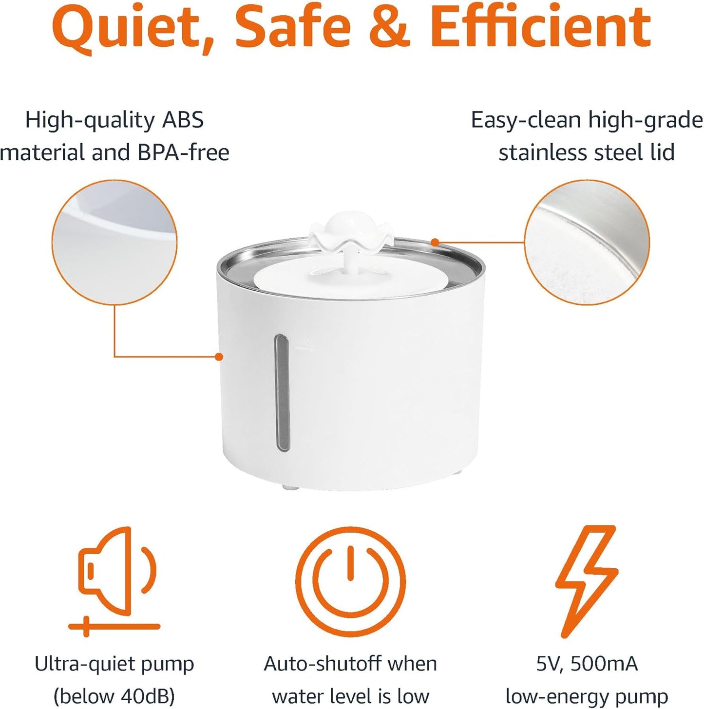Amazon Basics Large Capacity Pet Water Fountain with Stainless Steel Top, Ultra Quiet, Easy to Clean, BPA Free, 3L, White, 3 Filters Included