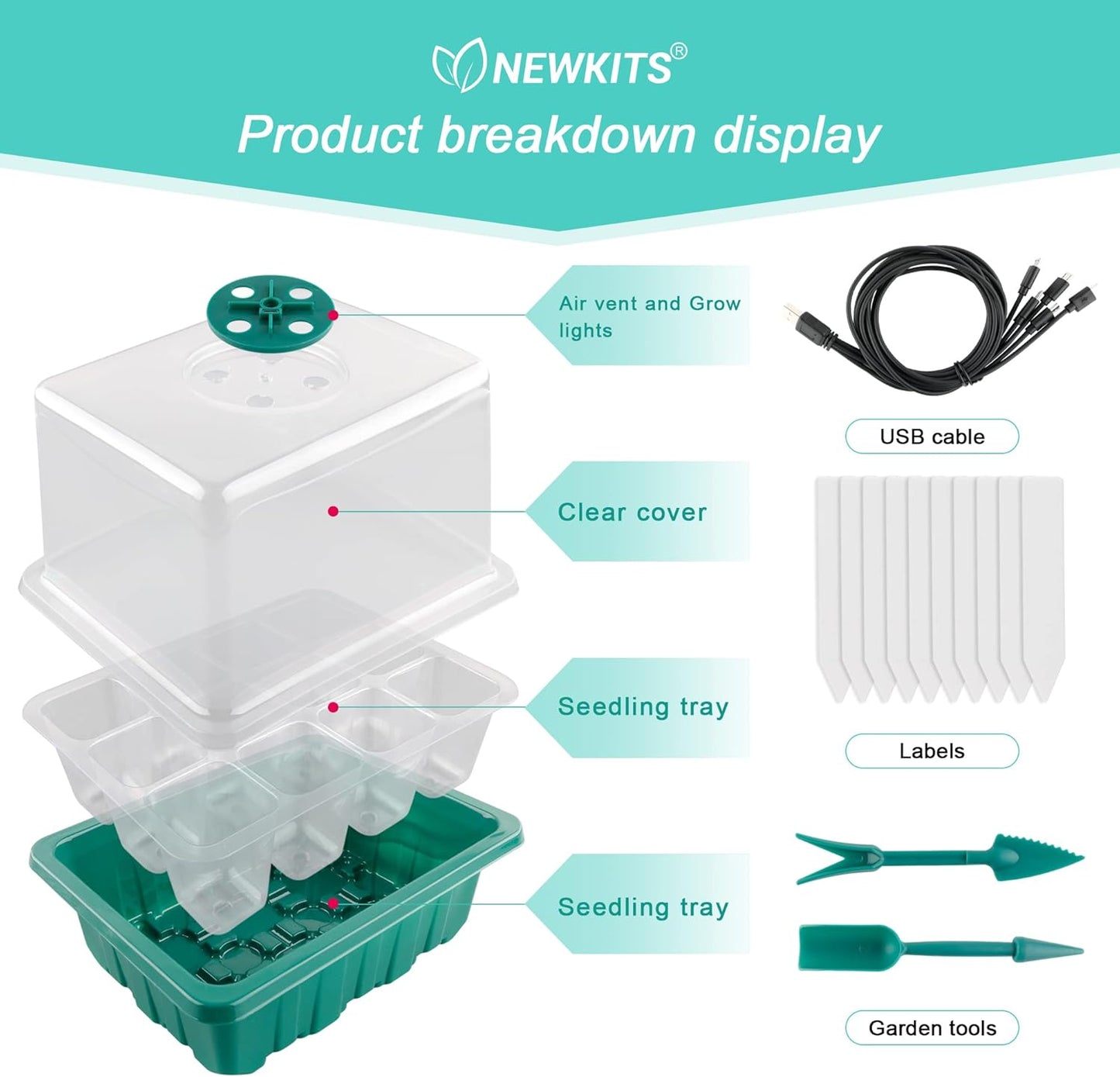 Seed Starter Tray with Grow Light, Seed Starter Kit, Plant Germination Starting Trays with Humidity Dome and Base for Greenhouse Grow Wheatgrass Hydroponic(12 Cells per Tray)