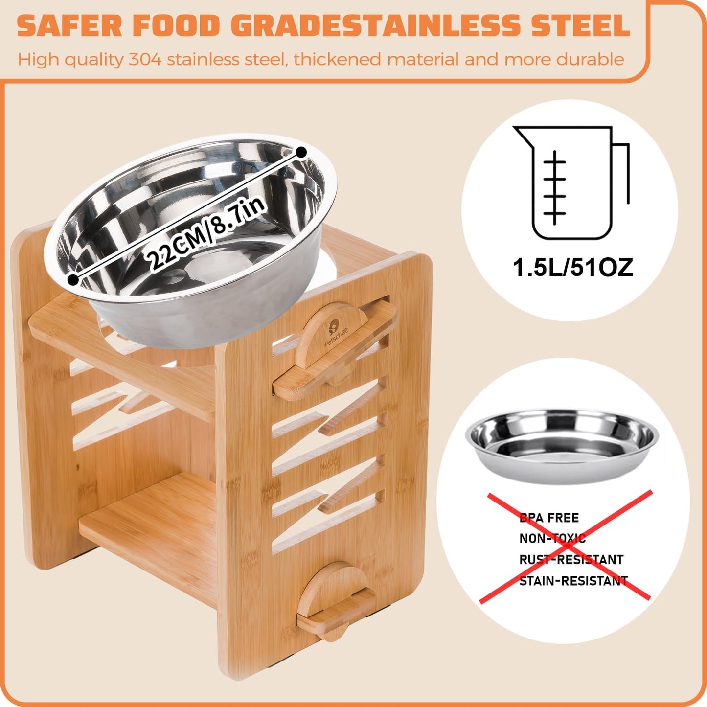 Elevated Dog Bowl 4.7″-11.8″with Food Grade 304 Stainless Steel 51 OZ, 9 Heights Bamboo Dogs Bowl Stand for Medium and Large Dogs, 1 Pack