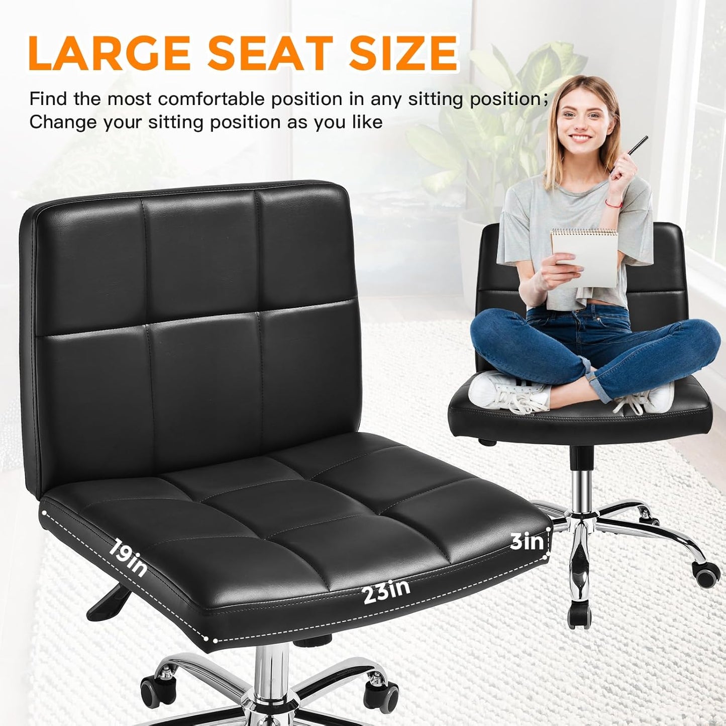 Black Office Chair with Wheels - 360° Swivel Armless Back Support，Comfortable Pu Adjustable Rolling Desk Chairs for Office，Home，Vanity，Bedroom，Big Space (Widened Black)