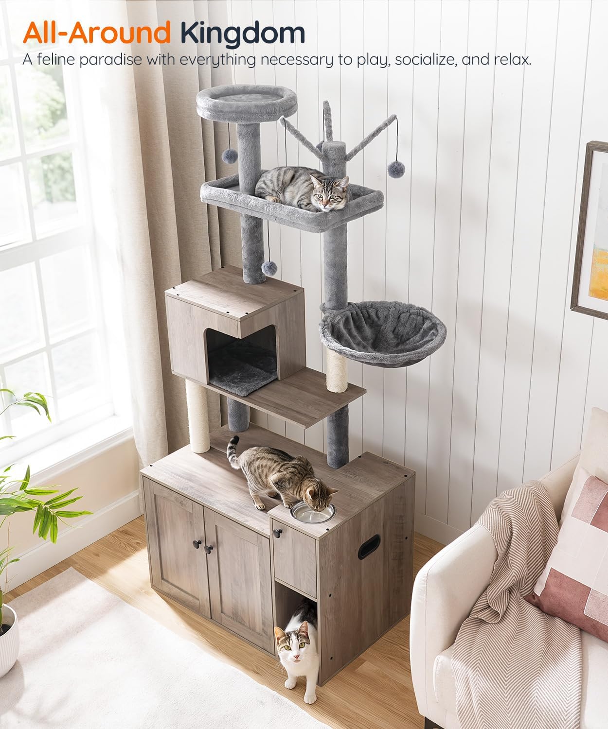 HOOBRO Cat Tree with Litter Box Enclosure, 68.9" H Cat Tower with Food Bowl and Storage, Hidden Litter Enclosure Furniture, All-in-One Modern Cat Condo, with House, Hammock and Perch, Greige BG80MZ03