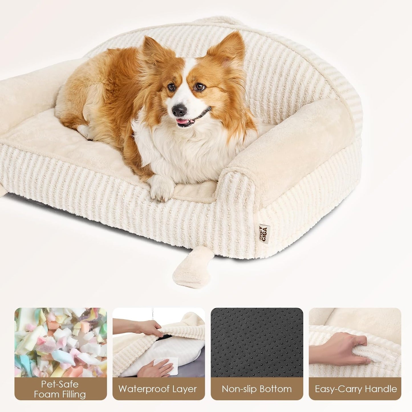 EHEYCIGA Washable Dog Beds for Large Dogs for Crate 35 Inch - Striped Cat Couch for Indoor Cats with Removable Cover, Shredded Memory Foam Waterproof Puppy Bed with Non - Slip Bottom, Cream