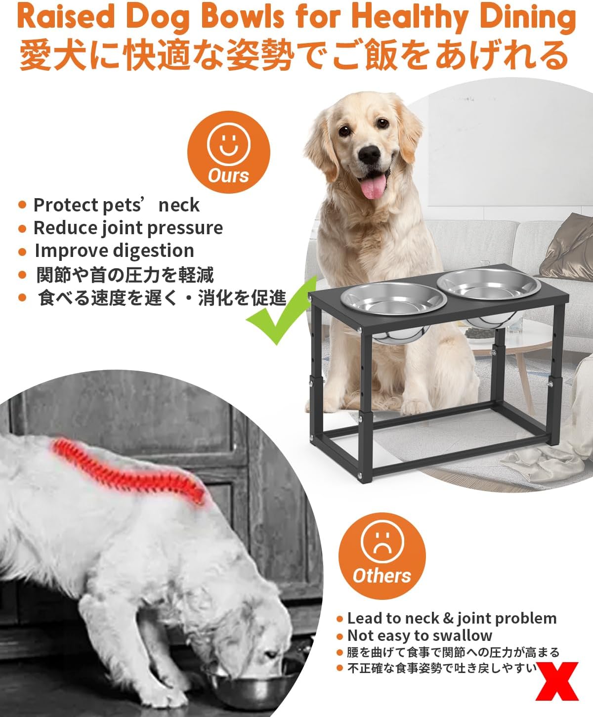 Elevated Dog Bowls, Adjustable Raised Dog Bowl Stand with 4 Heights 5” 8” 10” 12” for Medium & Large Dogs, Metal Pet Feeder with Stainless Steel Food & Water Bowls