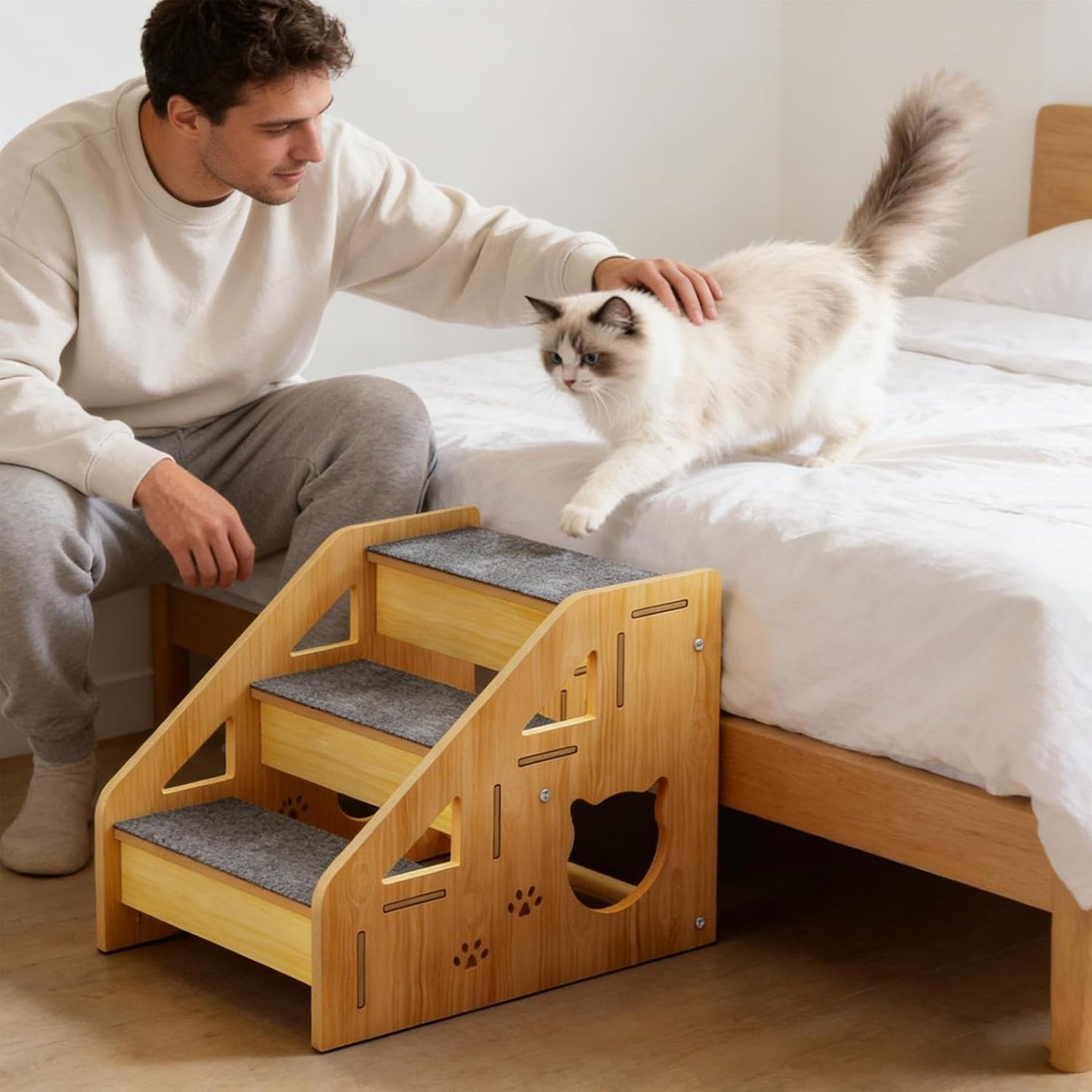 Non Slip Pet Ladder, Wooden Dog Stairs, Cat and Small Dog Step Accessory with Stable Build, Indoor Pet Tool with Portable Style, Apartment Balcony Terrace Helper for Puppies