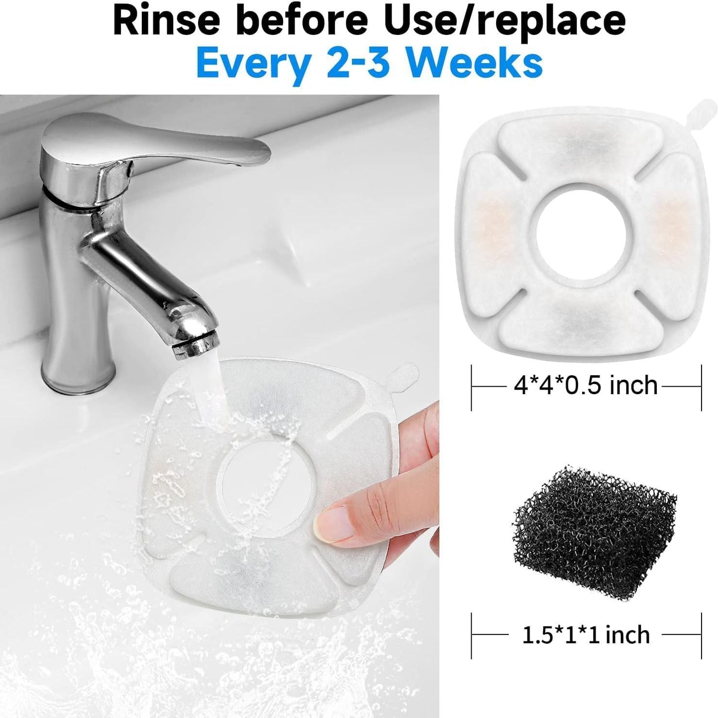 Cat Water Fountain Filter, Classic 8 Pack Replacement Filters & 8 Pack Replacement Pre-Filter Sponges for 67oz, 95oz, 135oz Automatic Pet Fountain Dog Water Dispenser (12Pack)