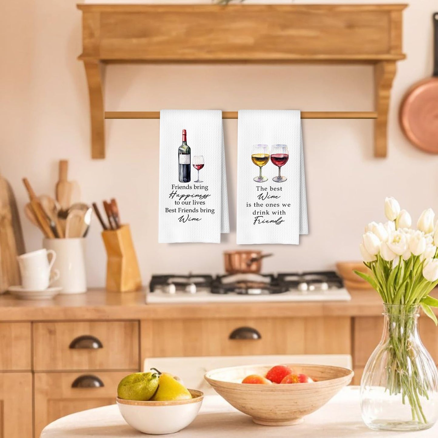 Friends and Wine Kitchen Towels Set of 2, Gifts for Wine Lovers Dish Tea Bar Towels for Kitchen Bar Cart Decor, Wines Gifts for Women Men Decorative Hand Towels, 16x24 Inches