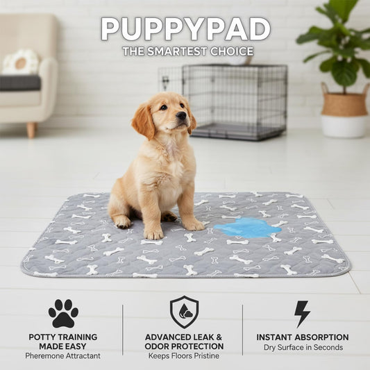PuppyPad Dog Pee Pads, PuppyPad Pee Pad with Pheromones, Puppy Pad Reusable Waterproof Pee Pads, Fast Absorbent Dog Potty Training Pads, 4-Layer Leak & Odor Proof for Crate (Gray, 28X32 in)