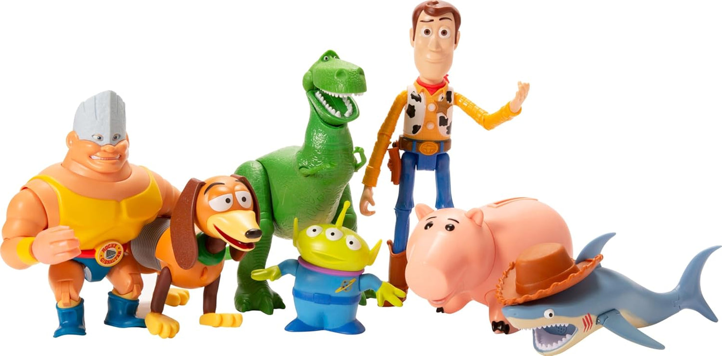 Mattel Disney Pixar Toy Story Set of 7 Action Figures with Woody, Slinky, Rex, Hamm, Alien, Rocky & Shark, Mattel Disney100 Collectible