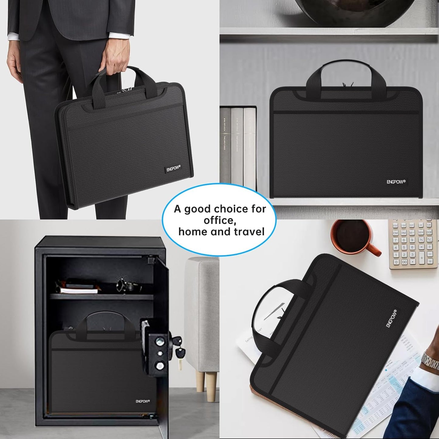 ENGPOW Accordion File Organizer, Fireproof Expanding File Folder with 13 Pockets Document Organizer with Handle & Labels, Portable Home Travel Safe Storage for Letter A4 Files and More, Black