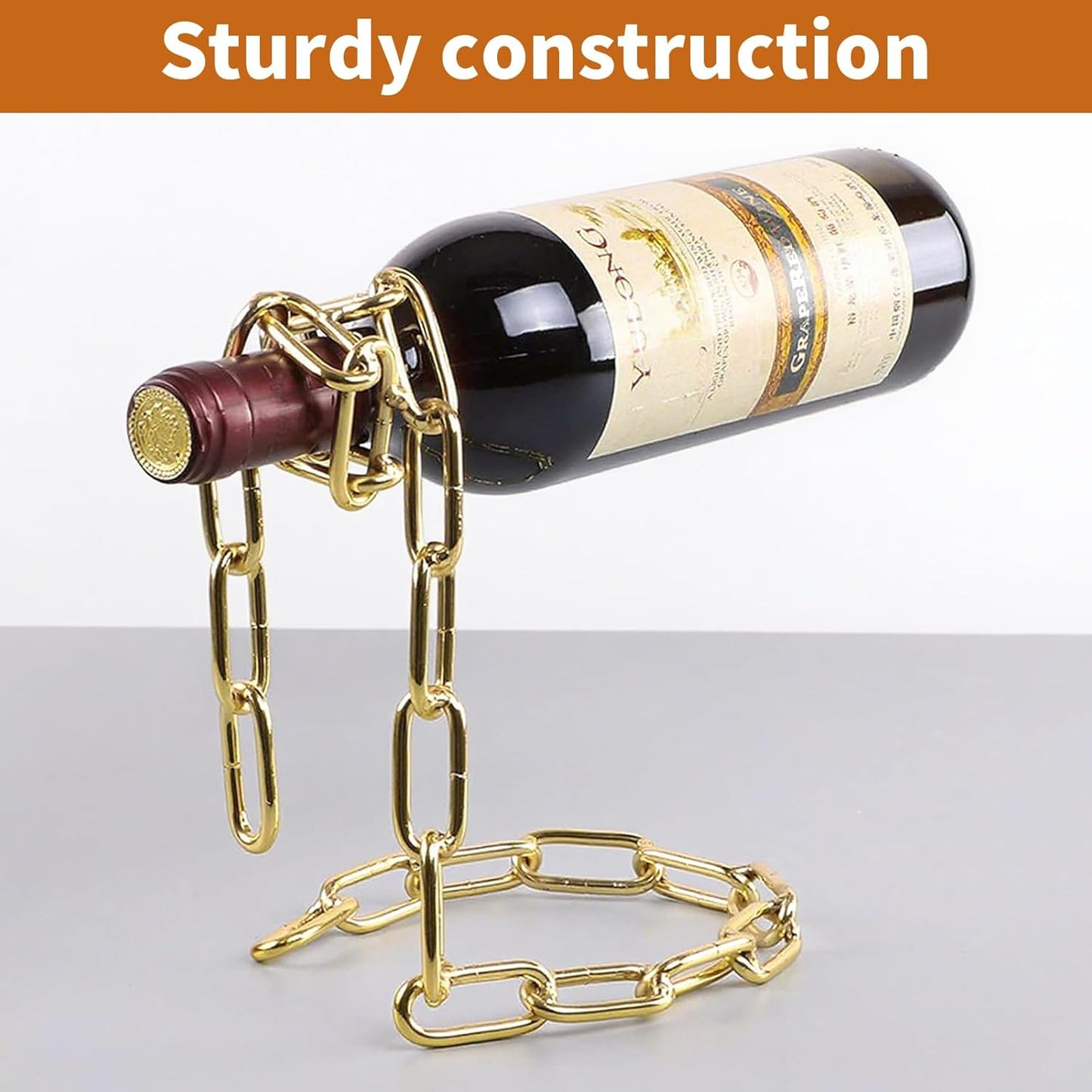 TBWHL Novelty Magic Wine Bottle Holder Floating Steel Link Chain Wine Bottle Rack/Holder - Holds Bottles in The Air, Unique Levitating Wine Bottle Stand for Home Bar, Kitchen, or Party Deco（Gold）