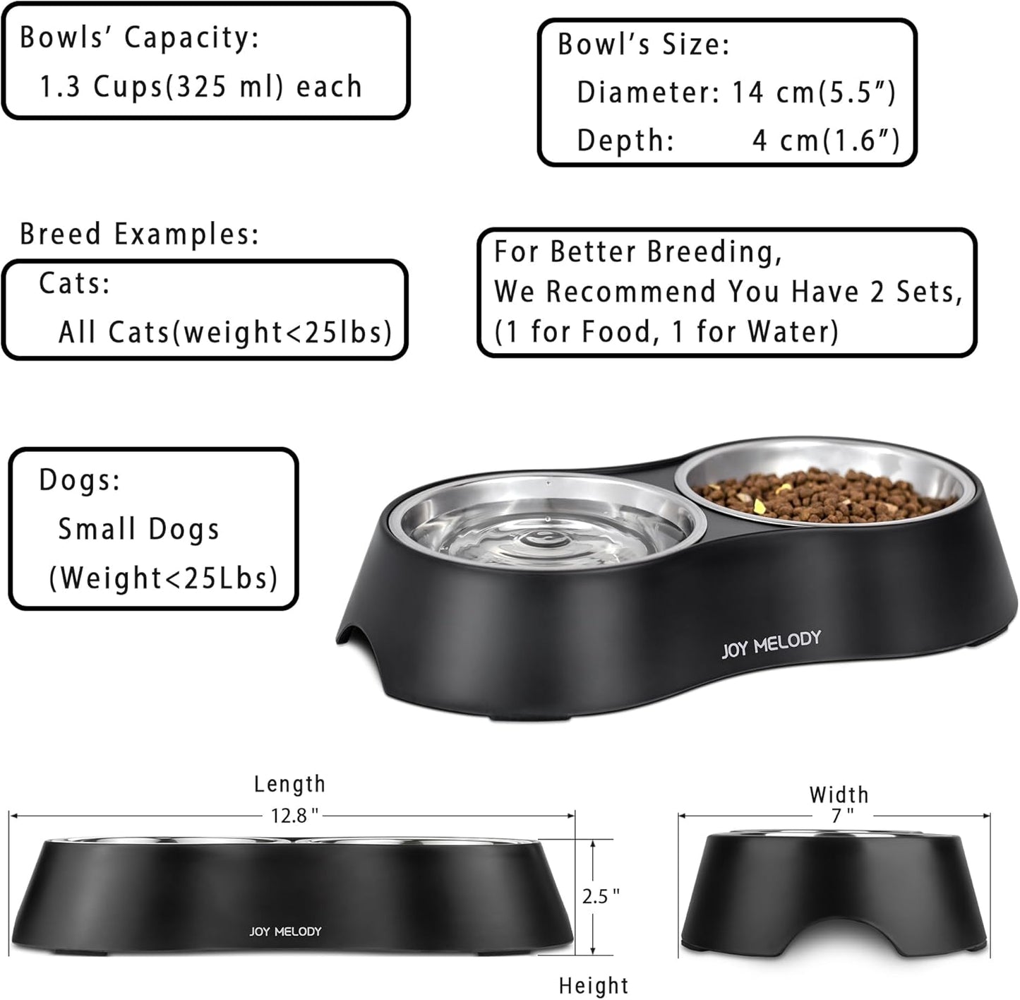 Joy Melody Non Slip Food and Water Bowl Set with Stand for Cat, Samll Dog, Rabbit, Stainless Steel Elevated Kitten Feeder, Anti Vomiting Dish for Puppy, Bunny, Dishwasher Safe, Whisker Fatigue