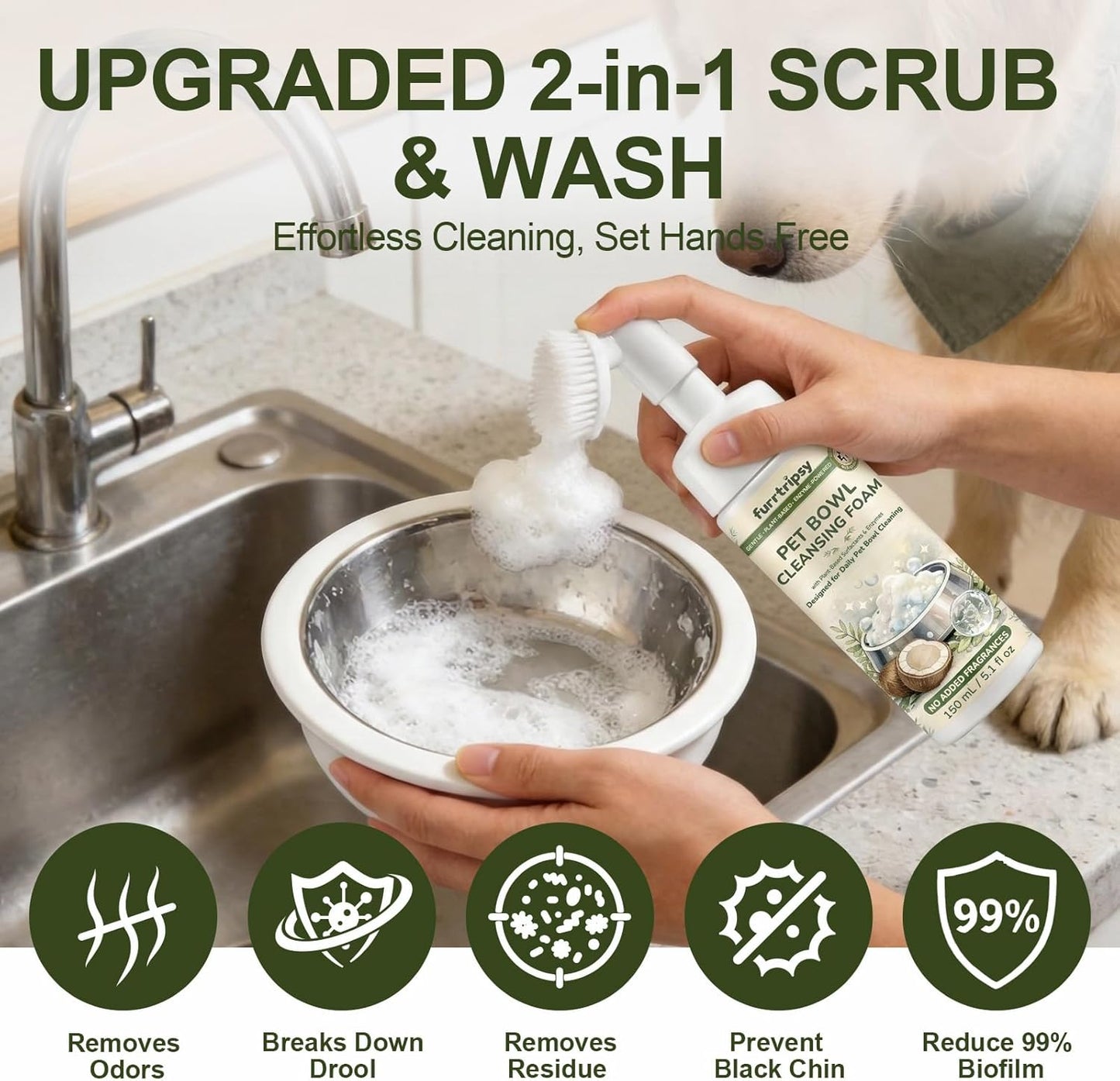 Pet Bowl Cleaner Mousse with Scrub Brush | Vet Enzyme Formula for Dog Cat Dishes, Toys Fountains & Bird Baths Feeders Cleaner | No Residue | 5.1oz Travel Size | Lick Safe, Unscented