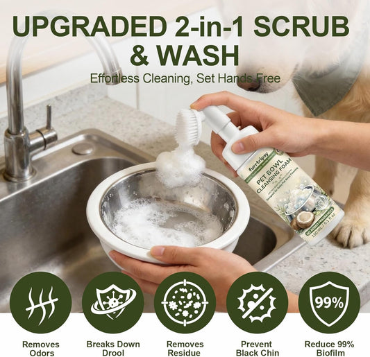 Pet Bowl Cleaner Mousse with Scrub Brush | Vet Enzyme Formula for Dog Cat Dishes, Toys Fountains & Bird Baths Feeders Cleaner | No Residue | 5.1oz Travel Size | Lick Safe, Unscented