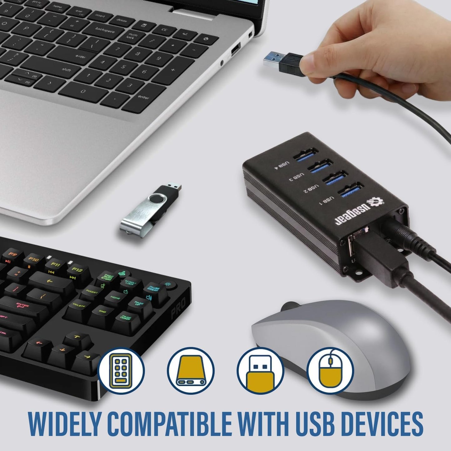 USBGear 4 Port USB Hub 3.2 Gen 1 – Mountable SuperSpeed Data Hub with USB Ports for Laptop, PC, Desktop, and More, 5V/2A Power Adapter with Type-A to Type-B Cable (3ft), Computer Accessories