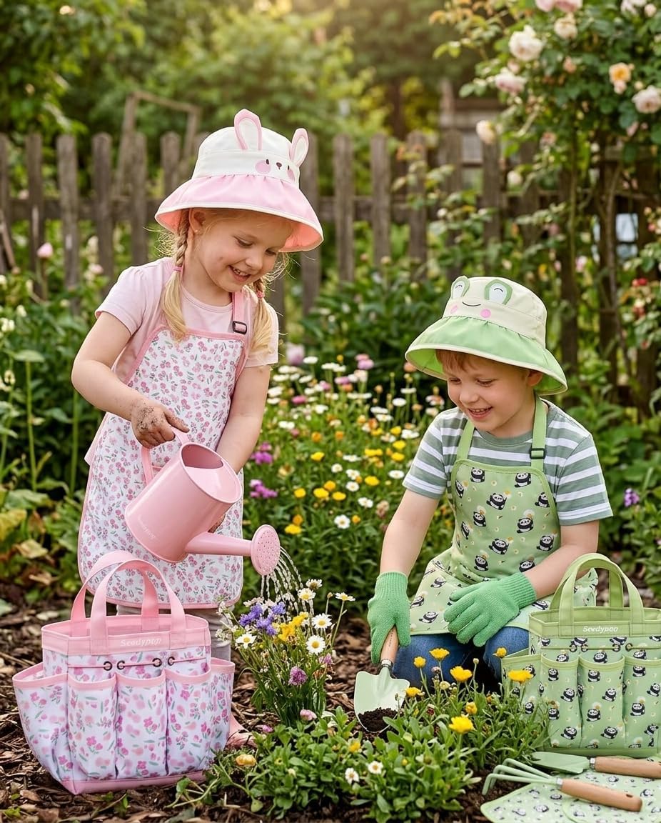 Kids Gardening Tool Set Toys - 8 Pieces Quality Garden Kit for Toddlers & Kids with Shovels, Rake, Watering Can, Hat, Apron, Gloves & Storage Bag (Pink Flower)