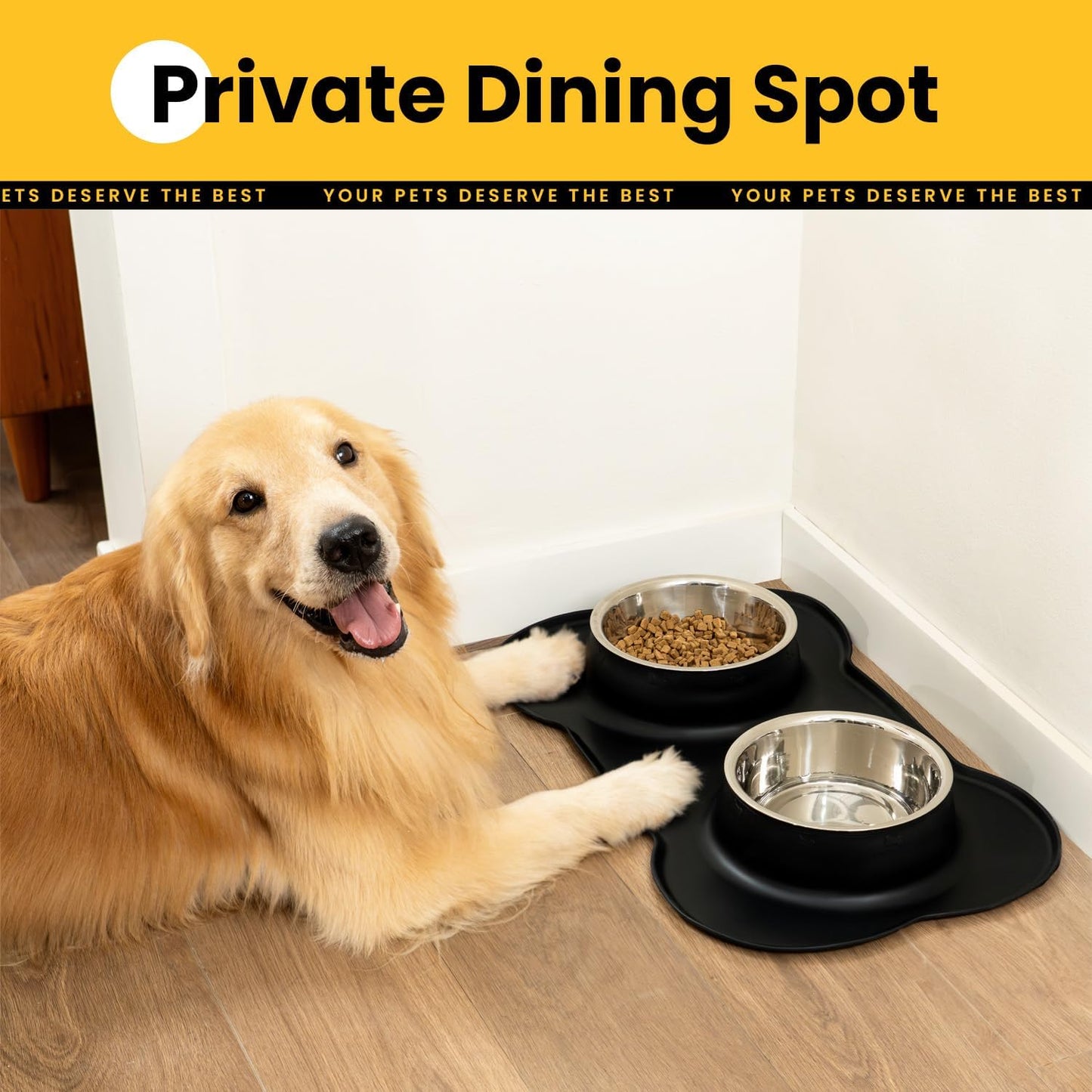 Dog Bowls with Non-Slip Silicone Mat, Spill Proof Large Food & Water Bowls Set, Easy Clean Dog Food Dish, Dishwasher Safe, Suitable for Dogs Cats Pet Under 90lbs, Large, Black