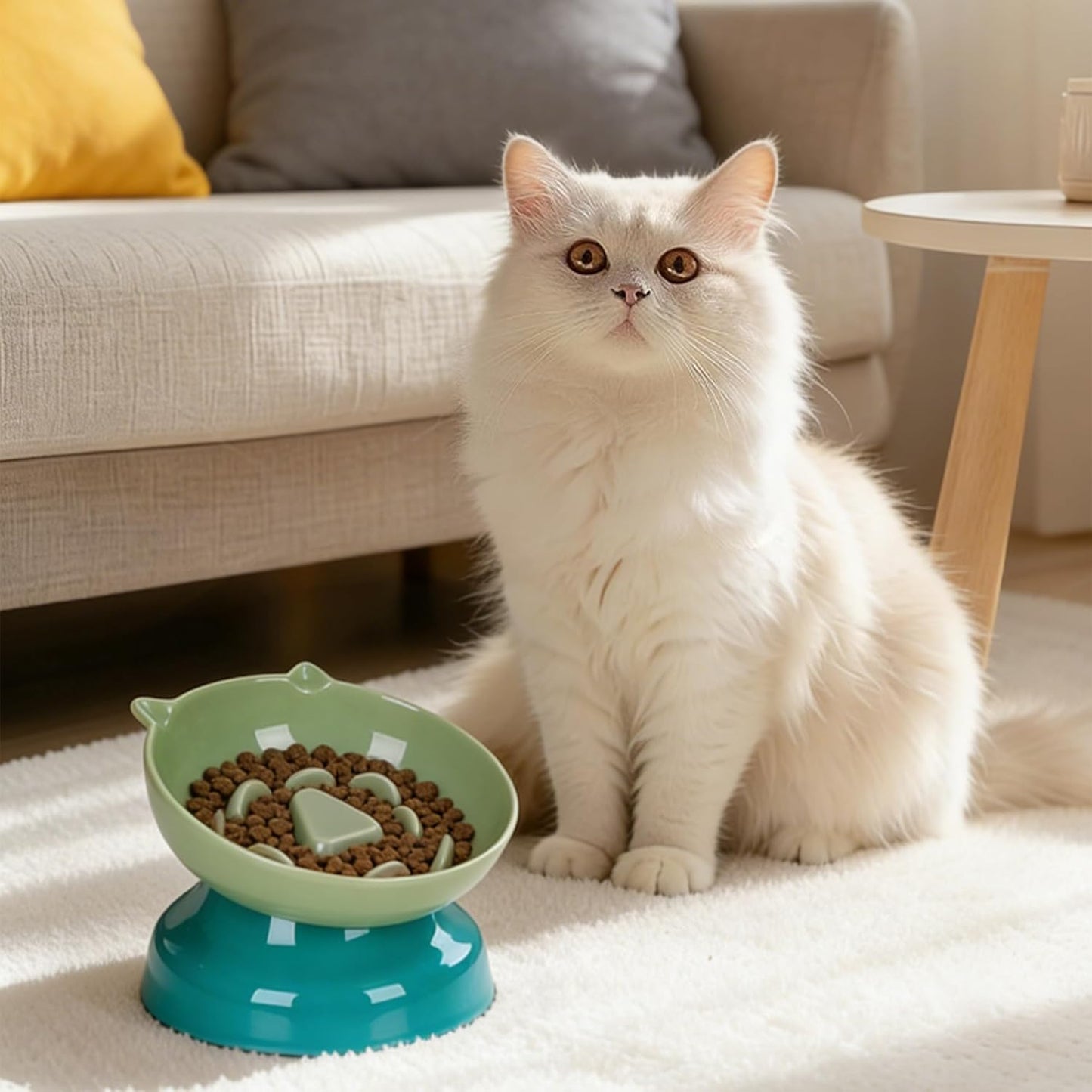 Slow Feeder Cat Bowl, Ceramic Cat Slow Feeder,Elevated Anti Vomiting Whisker Friendly Tilted Design,for Dry and Wet Food,Dishwasher Safe (Green)
